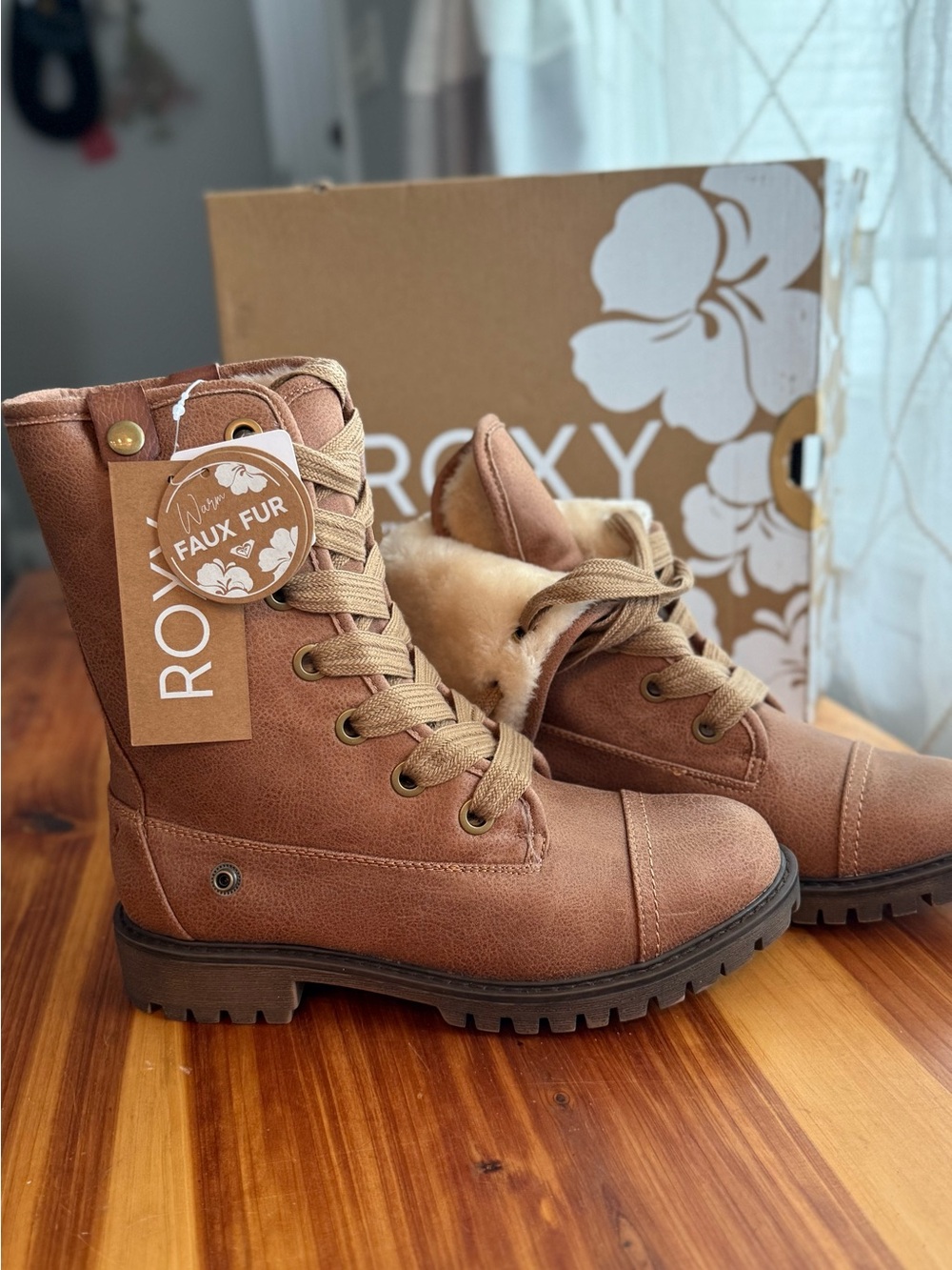 Roxy Tan Lace-Up Faux Fur Combat Boots